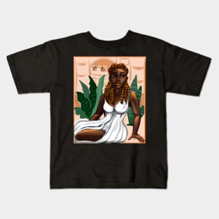 Cleopatra ii Queen Black is beautiful black woman art with crown, white dress and braids, brown eyes and dark brown skin ! Kids T-Shirt